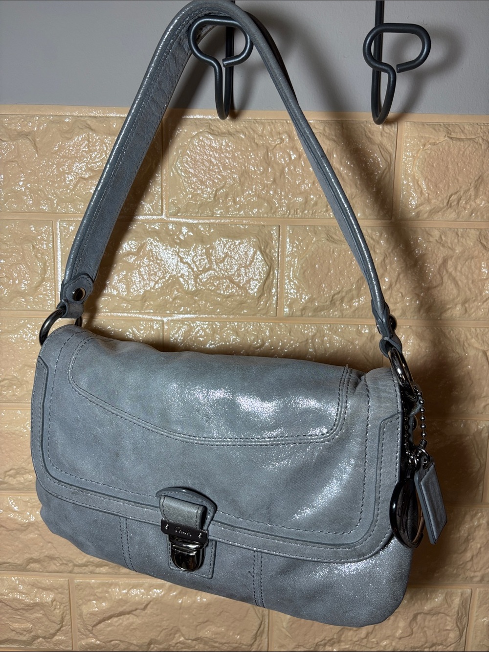 Coach Poppy Layla 18160 Lurex Fabric Shoulder Bag Silver Hardware Det. Strap